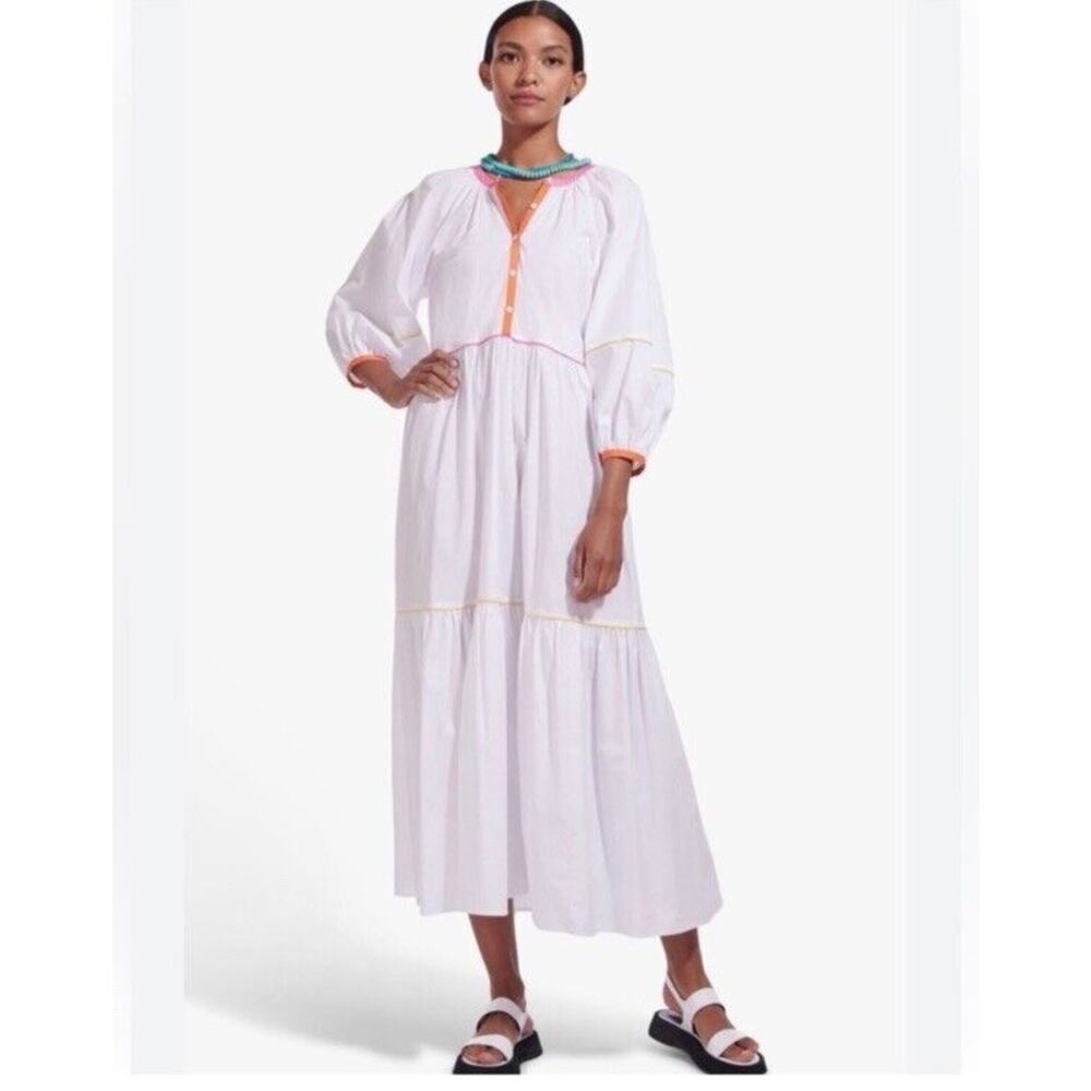 $345 STAUD Demi Dress Womens Large White Poplin Rainbow Tiered Maxi Lined Cotton